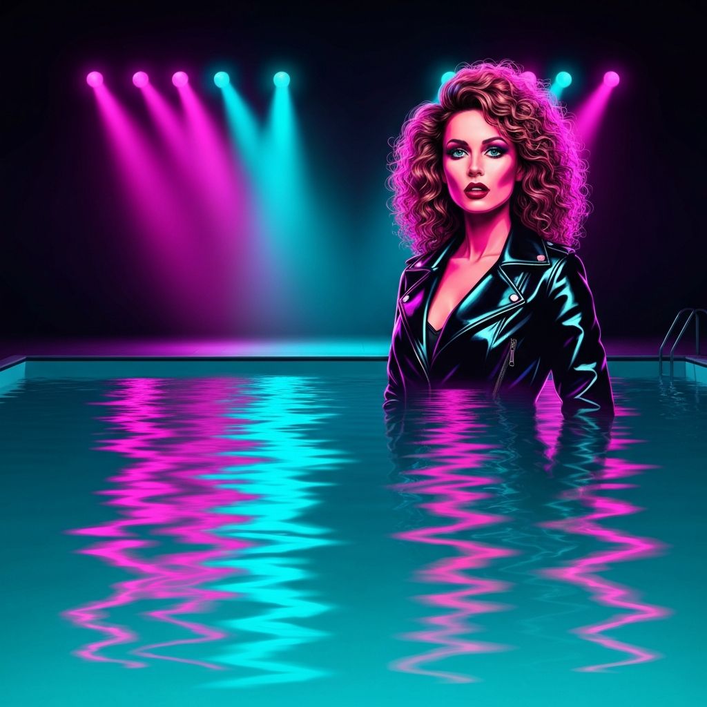 Pop-Art-Szene im 80er-Italo-Disco-Stil mit Pool und Spotlights
