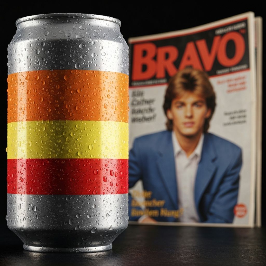 Hyperrealistische Werbeaufnahme einer 80er-Jahre Getränkedose mit Bravo-Magazin